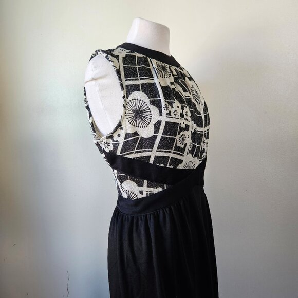 Vintage 70s Black Silver Floral Lurex Disco Diva Maxi Dress Gown Polyester M/L - Picture 4 of 6